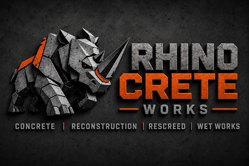 Rhino Crete Works brand artwork: a concrete rhino emblem above the lines Concrete, Reconstruction, Rescreed and Wet Works.