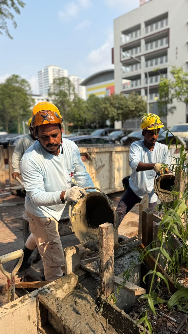 Two workers in yellow helmets pouring wet concrete from handheld containers into timber formwork, with plants beside the formwork.